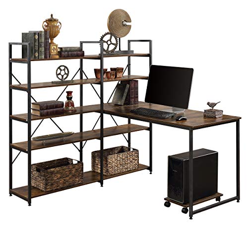 54" Large Home Office Computer Desk with 5-Tier Shelves, Office Desk Study Table with Bookcase, Writing Desk Workstation with Hutch Bookshelf (Brown)