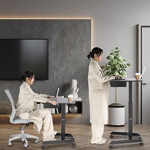 AVLT Height Adjustable Foot Pedal Rolling Desk with Shelf (44") - Pneumatic Laptop Standing Desk Cart - Black
