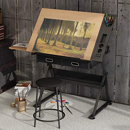 Lgan Drafting Table with Storage, Height Adjustable Tiltable Art Desk, Maple Panel Drawing Desk, for Work Study Painting Craft Table