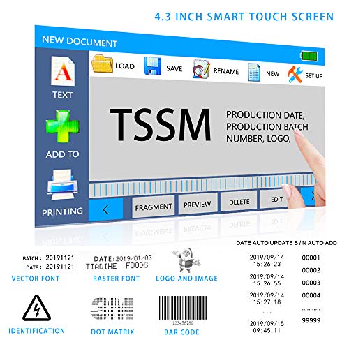 TSSM Handheld Inkjet Printer,Portable Intelligent Handheld Printer with Quick-Drying Ink Cartridge 4.3 Inch Touch Screen for Trademark/Logo/Bar/Code/Graphic/Date Coder/Label/QR Code Print