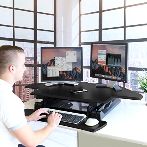 Seville Classics airLIFT Workstation Ergonomic Dual Monitor Riser with Keyboard Tray and Phone/Tablet Holder, Corner (43"), Black