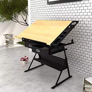 Festnight Drafting Drawing Table with Stool Tiltable Tabletop Drawing Table, Art Desk with 2 Drawers