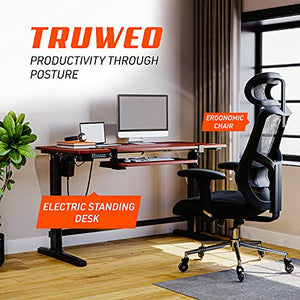 Truweo Adjustable Electric Standing Desk – 50 x 23.6 inches Sit to Stand Office Desk with Cable and Sliding Keyboard Tray – 3 Controlled Memory Height Settings – Anti-Scratch Surface – Brown
