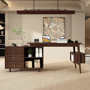 Homsee L-Shaped Executive Desk with Drawers, Shelves, Keyboard Tray & Storage Cabinet, 55 Inch - Deep Brown