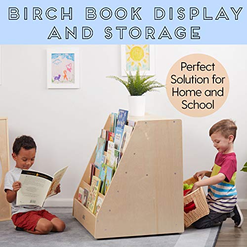 ECR4Kids Birch Book Display Stand with Storage with Rolling Casters, Double-Sided Hardwood Book Shelf Organizer for Kids, 5-Shelves with 2-Shelves, Mobile Display Stand for Classrooms and Home