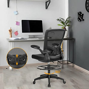 None Drafting Chair Tall Office Chair Adjustable Height w/Lumbar Support Flip Up Arms