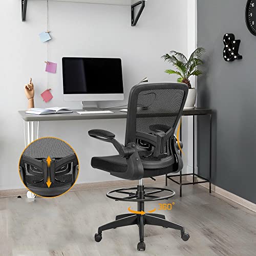 Drafting Chair Tall Office Chair Adjustable Height w/Lumbar Support Flip Up Arms