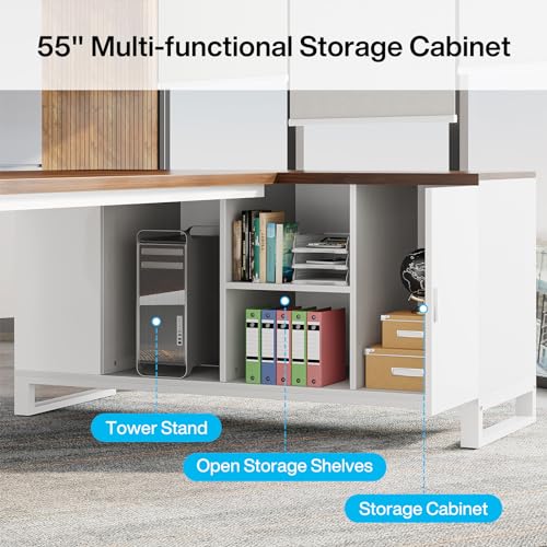 Tribesigns L-Shaped Executive Desk with File Cabinet, Walnut White