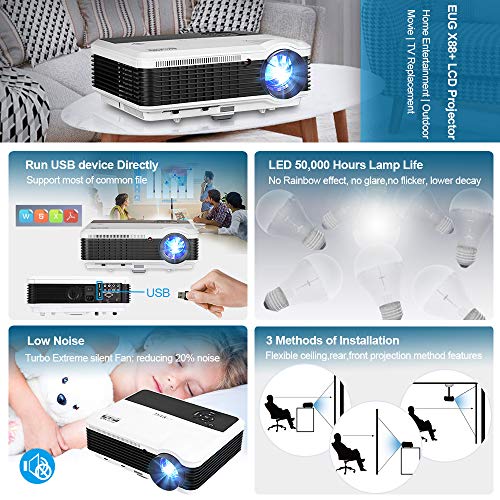 EUG 3900 Lumen WXGA LCD LED Digatal TV Projectors Home Theater with HDMI USB RCA Audio Ypbpr VGA Support Full HD 1080P Multimedia Outdoor Movie Proyector for DVD Laptop Xbox PS4 WiFi Dongle PC Roku
