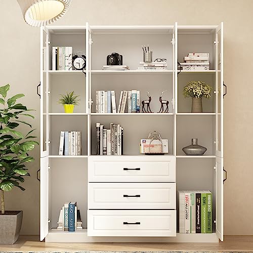 Homsee Tall Bookcase Bookshelf with Storage Shelves, Drawers, Glass Doors - White (63”W x 15.7”D x 78.7”H)