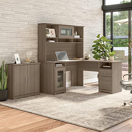 Bush Furniture Cabot 60W L Shaped Desk with Hutch, Storage Cabinet - Ash Gray