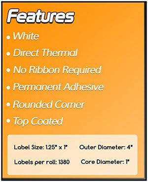 OfficeSmartLabels 1.25" x 1" Direct Thermal Labels Stickers (UPC Barcode, Address, Postage) for Zebra & Rollo Label Printers – 1” Core, Strong Permanent Adhesive [1380/Roll 138000 Labels = 100 Rolls]