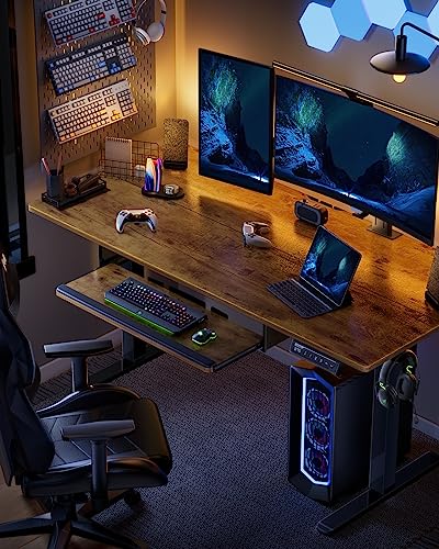 ErGear Large Electric Standing Desk with Keyboard Tray, 63x28 Inches Adjustable Height Sit Stand Up Desk - Vintage Brown
