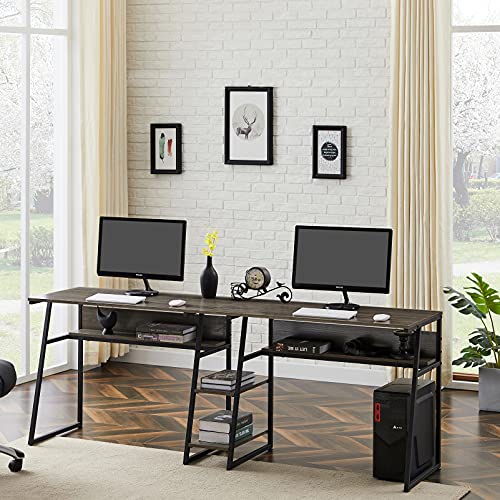 4-Tier Two Persons PC Laptop Desk Study Table with Open Storage Bookshelves for Home Office Dorm Students, Industrial Rustic Wooden Writing Table Workstation Double Desk with Steel Frame for 2 (Gray)