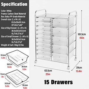 WAHHWF 15 Drawers Rolling Storage Cart with Lockable Wheels - White, 15 Drawers