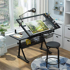 Height Adjustable Drawing Desk, Tiltable Craft Table with Storage, Large Art Desk, for Home Office Drafting Table