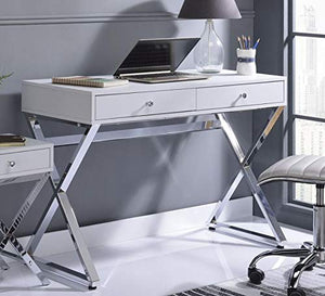 Knocbel Contemporary Computer Desk with 2 Storage Drawers, Home Office Workstation Writing Table with Metal X-Shaped Base, 42" L x 19" W x 31" H (White and Chrome)