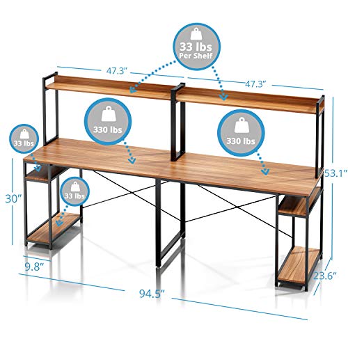 VIPEK 94.5 Inch 2 Person Desk, Large Double Computer Desk with Hutch & Storage Shelves, Extra Long Desk Writing Study Table Double Workstation Home Office Desk for Two People, Suntalam Walnut