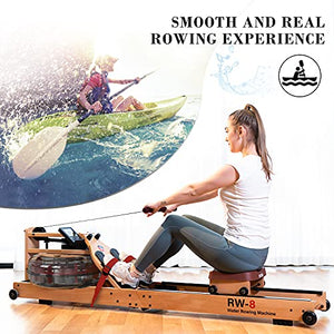 SNODE 2021 Wood Water Rowing Machine with APP, Foldable Rowing Machine for Home Use with LCD Monitor, Water Resistance Wood Rower Indoor Exercise Machine, Soft Seat, Home Fitness Workout