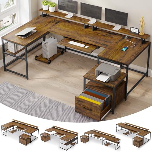 SEDETA Reversible L Shaped Home Office Desk with File Drawer & Power Outlet