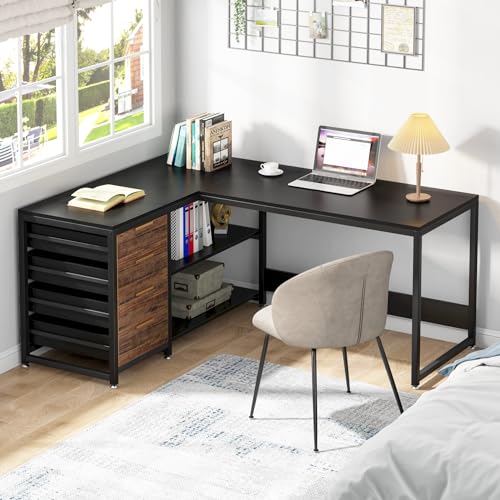 Tribesigns L-Shaped Computer Desk with Storage Drawers, Shelves - 59" Black