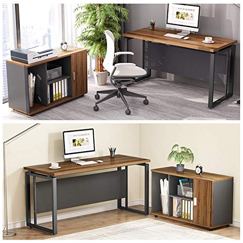 LITTLE TREE Executive Desk and File Cabinet Set - Walnut, 55" Desk, L-Shaped, Business Furniture with Storage Stand