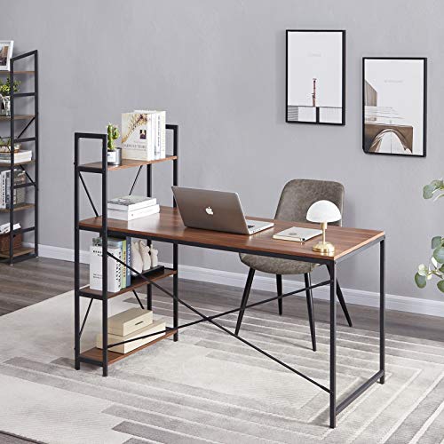 Superjare 55 Inches Computer Desk, Sturdy Home Office Desk for Laptop, Desk with Sided Storage Shelves, Modern Simple Style, Multipurpose Workstation - Brown