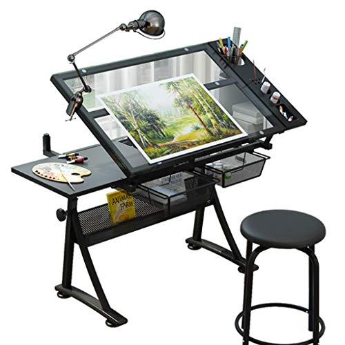 Lgan Tiltable Drawing Table, Adjustable Art Desk, with Storage Craft Table, Drafting Table Glass Panel, Child Adult Drawing Desk