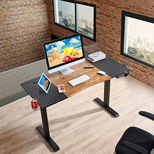 Mr IRONSTONE Electric Height Adjustable Desk 53.5" Standing Desk Sit to Stand Home Office Computer Desk with Splice Board, Cup Holder, Headphone Hook and Cable Management (Vintage+Black)