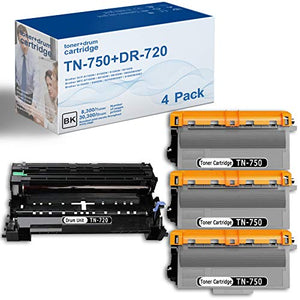 [4 Pack,Black] TN-750 Toner Cartridge & DR-720 Drum Unit Compatible Replacement for Brother hl-5440D 5450DN 5470DW/DWT 6180DW/DWT DCP-8110DN 8150DN 8510DN MFC-8710DW 8810DW 8910DW Printer