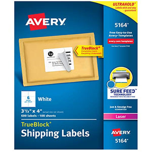 Avery Shipping Address Labels, Laser Printers, 3,000 Labels, 3-1/3x4 Labels, Permanent Adhesive, TrueBlock (5-pack 5164)