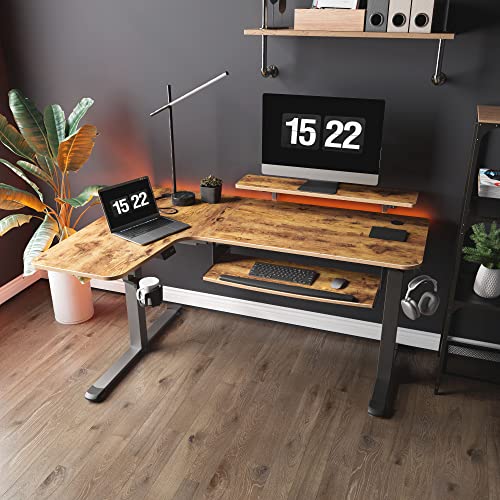 EUREKA ERGONOMIC Electric Standing Desk with Keyboard Tray, 61" L-Shaped, Adjustable Height, LED Monitor Stand - Rustic Brown