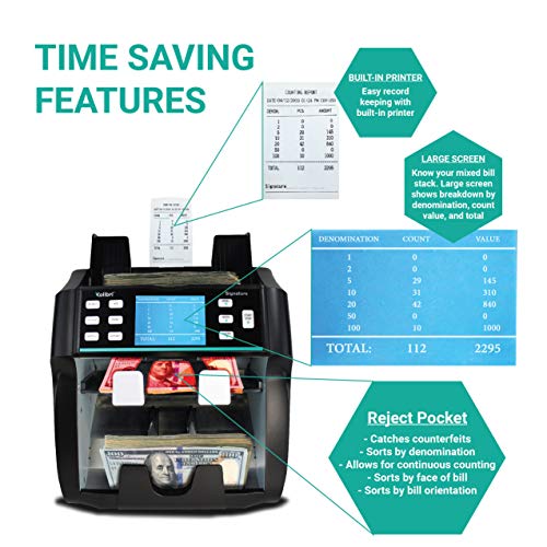 Kolibri Signature 2 Pocket Bank Grade Mixed Money Counter Machine with Built in Printer, Counterfeit Currency Detection UV/MG, On-Screen Reporting, and Reject Pocket