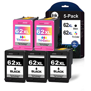5 Pack (3Black+2Tri-Color) Compatible 62XL 62 XL Remanufactured Ink Cartridge Replacement for HP Envy 5540 5541 5543 5640 5642 5660 7640 7643 Officejet 5740 5743 5746 5744 8040 Printer Ink Cartridge.