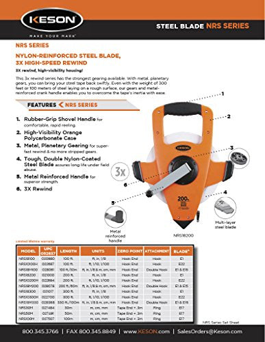 Keson NRS18M330 Nylon-Reinforced Steel Blade Tape Measure, Speed Rewind with Double Hook (Graduations: ft, in, 1/8 & m, cm, 2mm), 100M/330-Foot