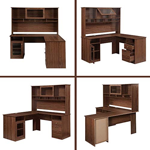 Home Office L-Shaped Desk with Hutch and Glass Doors, Writing Workstation with Storage Shelves and File Cabinet for Home Office | Bookshelf Dual Positioning Options (Brown)