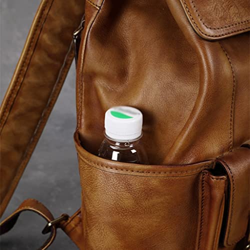 ADIE Retro Men's Large Capacity Backpack，Men Portable Genuine Leather Laptop Bag，First Layer Cowhide Travel、Business、Student Daypack (Color : Brown, Size : 14inchs)