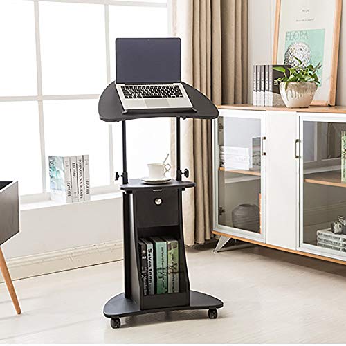 Adjustable Rolling Laptop Cart Sit-to-Stand Teacher Podium Desk Steel Frame Mobile Standing (Black, 55x40x116cm)