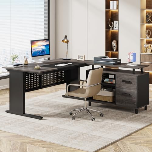 Tribesigns 63 Inch Executive Desk with File Cabinet, L Shaped Computer Desk, Gray and Black