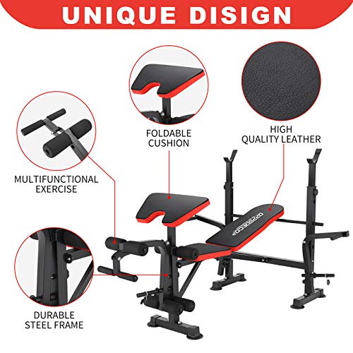 Olympic Weight Bench Adjustable Workout Bench Multifunctional Workout Station with Preacher Curl, Leg Developer for Indoor Exercise (Red)