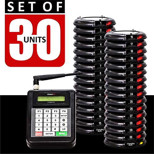 Pagertec Coaster Paging System for Restaurants, Hospitals & Hotels | 1 Transmitter, 2 Charging Bases, 30 Long Range Pagers | Up to 2 Miles Range