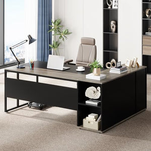 Tribesigns 71" Executive L-Shaped Desk with Cabinet Storage, Shelves - Gray