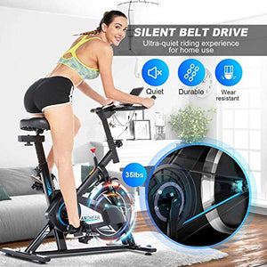 ANCHEER Exercise Stationary Bike, Indoor Cycling Bike Belt Drive with APP Connection, Adjustable Resistance, LCD Monitor, Comfortable Cushion,Pad/Phone Holder, Quiet for Home Gym Cardio Workout