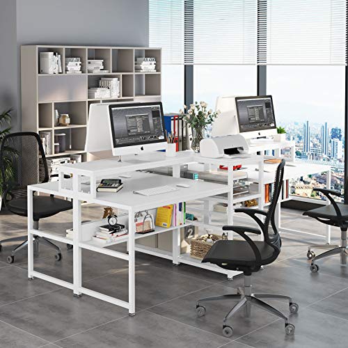 Tribesigns 94.5 inch Double Computer Desk with Storage Shelf, Extra Long Two Persons Desk with Printer Shelf, Large Office Desk Study Writing Table for Home Office (White)