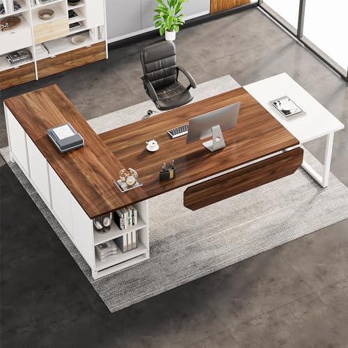 Tribesigns L-Shaped Executive Desk with File Cabinet, Walnut White