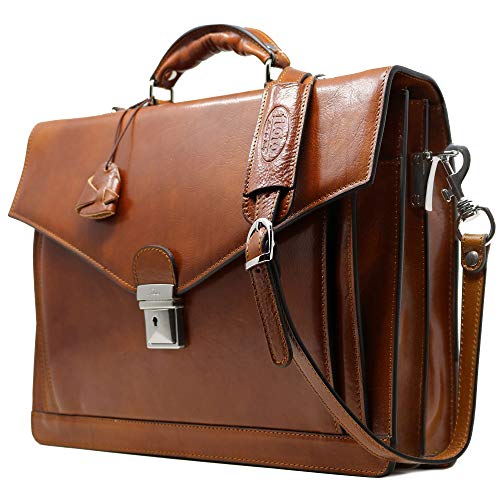 Floto Ponza Full Grain Leather Briefcase in Olive (Honey) Brown