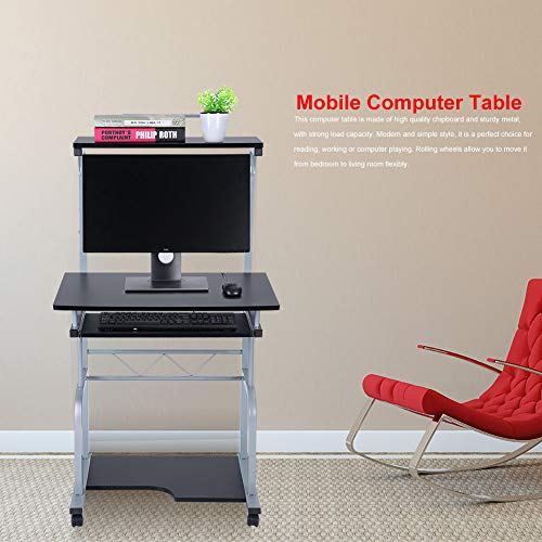 Portable Wooden Computer Desk Rolling Mobile Stand Workstation Laptop Table for Home Office Black