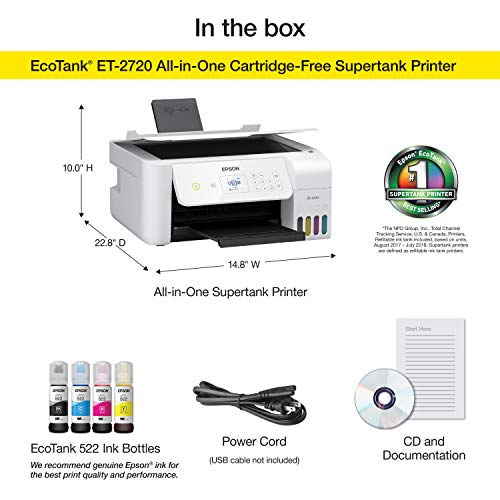 Epson EcoTank ET-2720 Wireless Color All-in-One Supertank Printer with Scanner and Copier - White (Renewed)
