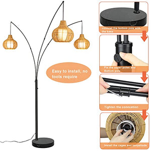 Depuley Adjustable 3-Light LED Arc Floor Lamp with Bamboo Lampshades & Marble Base