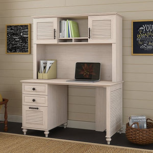 kathy ireland Home by Bush Furniture Volcano Dusk 51W Desk with Hutch and 3 Drawer Pedestal in Driftwood Dreams